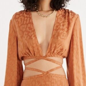 RUMER Kenya Animal Print Cheetah Long-Sleeve Wrap Crop Top, Burnt Orange, S